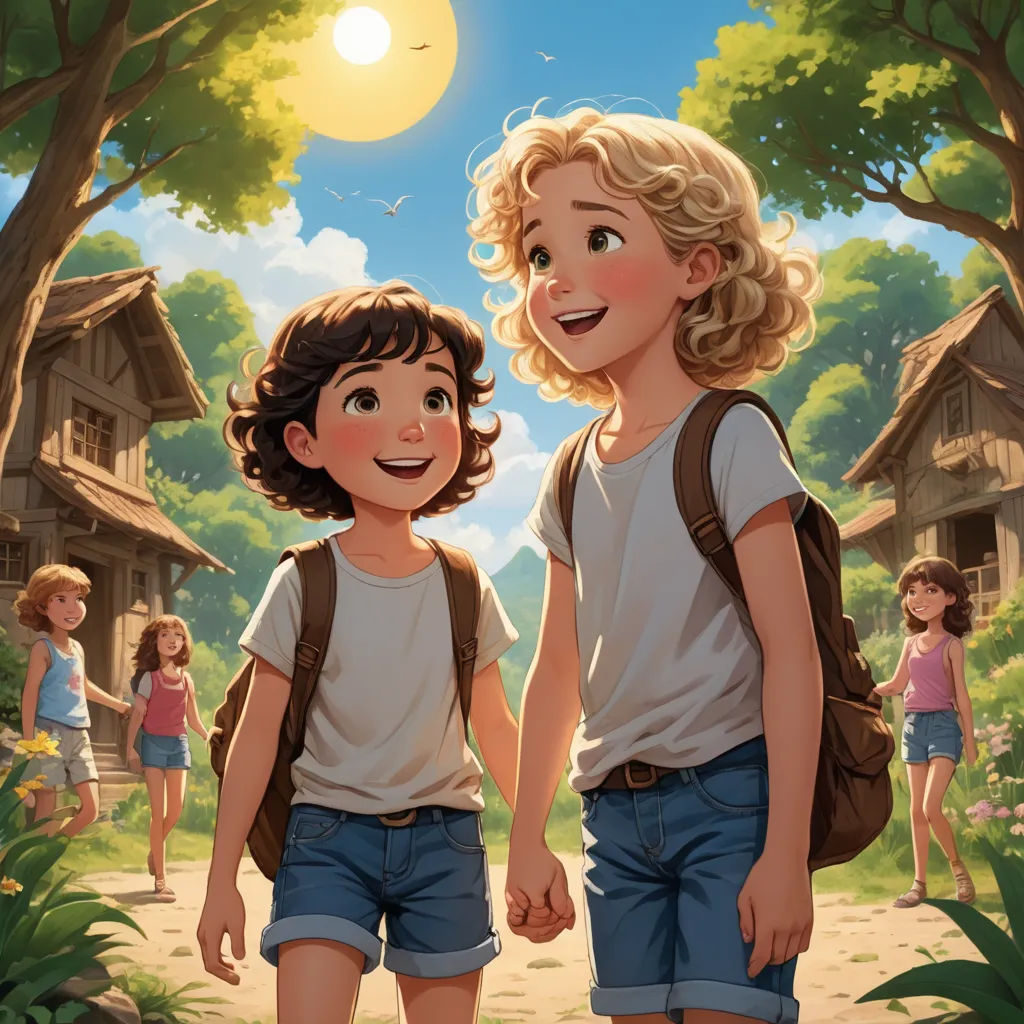 a couple of kids walking down a dirt road next to a forest filled with trees and houses on a sunny day, paris school, a storybook illustration, Brothers Hildebrandt, rossdraws global illumination