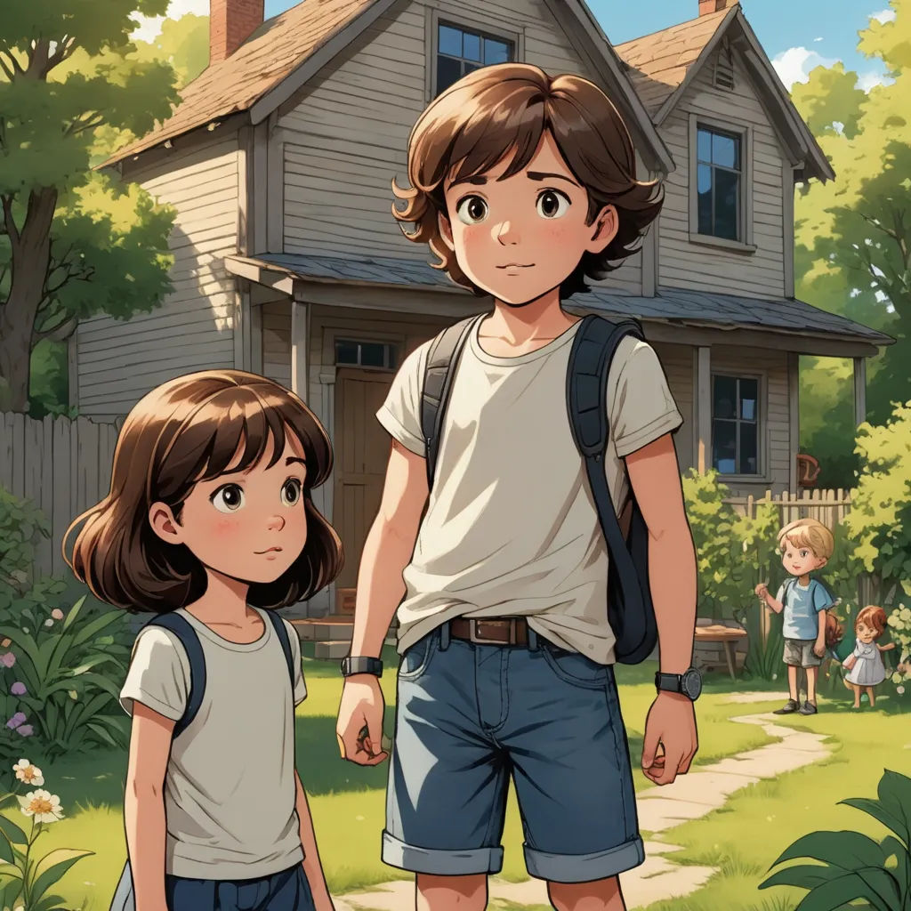 a boy and a girl standing in front of a house with a dog in the yard and a girl standing next to them, american scene painting, a storybook illustration, Cliff Childs, official art