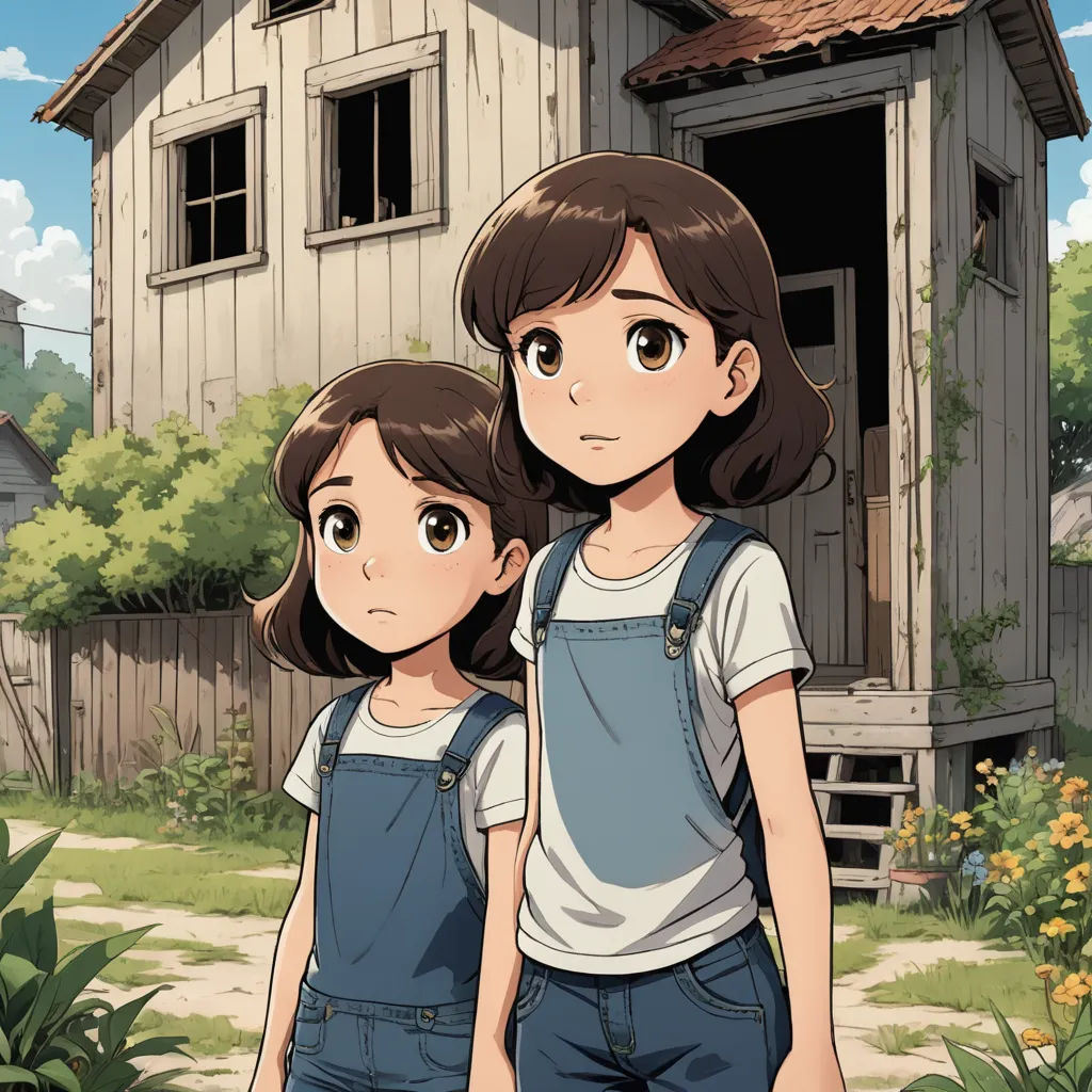 two young girls standing in front of a house with a dog in the yard behind them, looking at the camera, serial art, poster art, Anne Said, official art