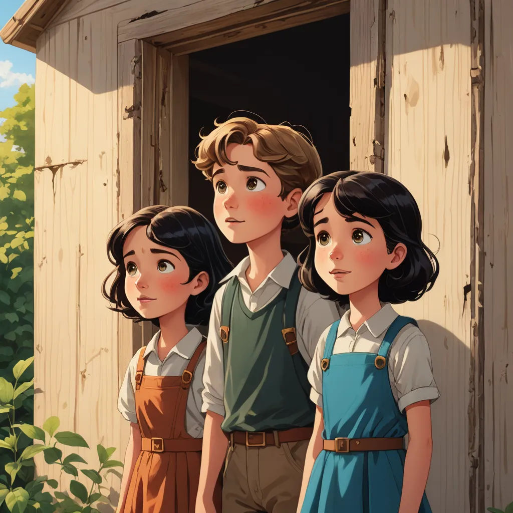 three children standing in front of a door with a window in the background and a shed in the background, serial art, a storybook illustration, Atey Ghailan, cushart krenz