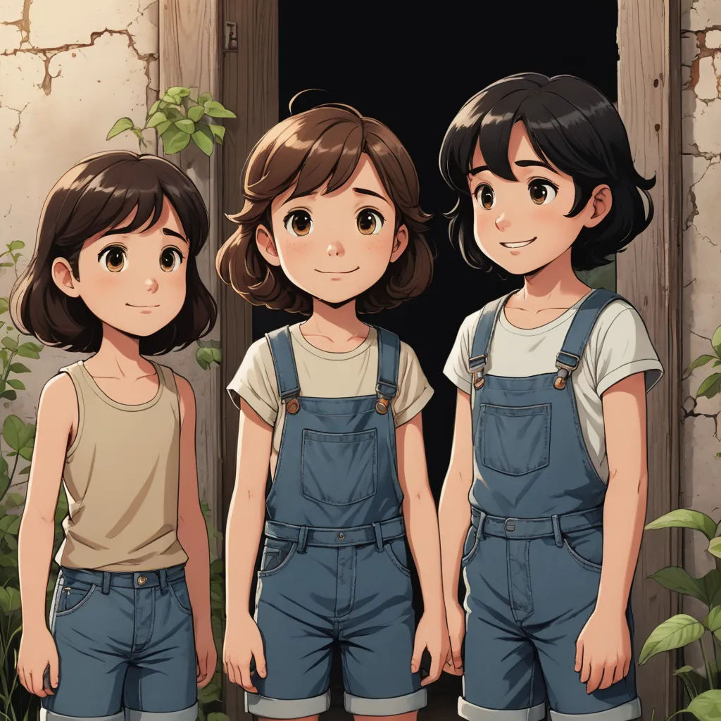 two girls standing next to each other in front of a doorway with plants growing on the side of the building, serial art, a storybook illustration, Ada Gladys Killins, official art