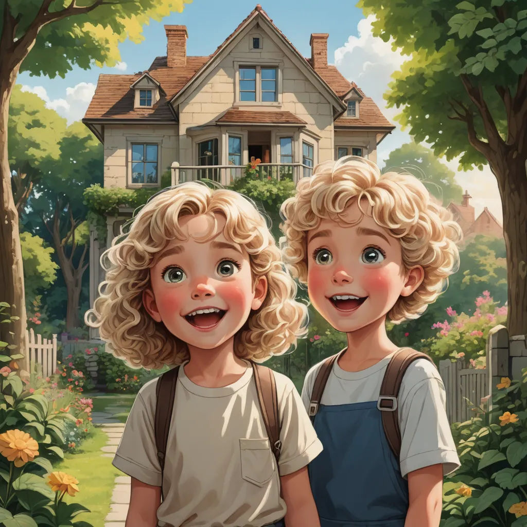 a couple of kids standing next to each other in front of a house with a garden and flowers in front of them, american scene painting, a storybook illustration, Brothers Hildebrandt, cushart krenz
