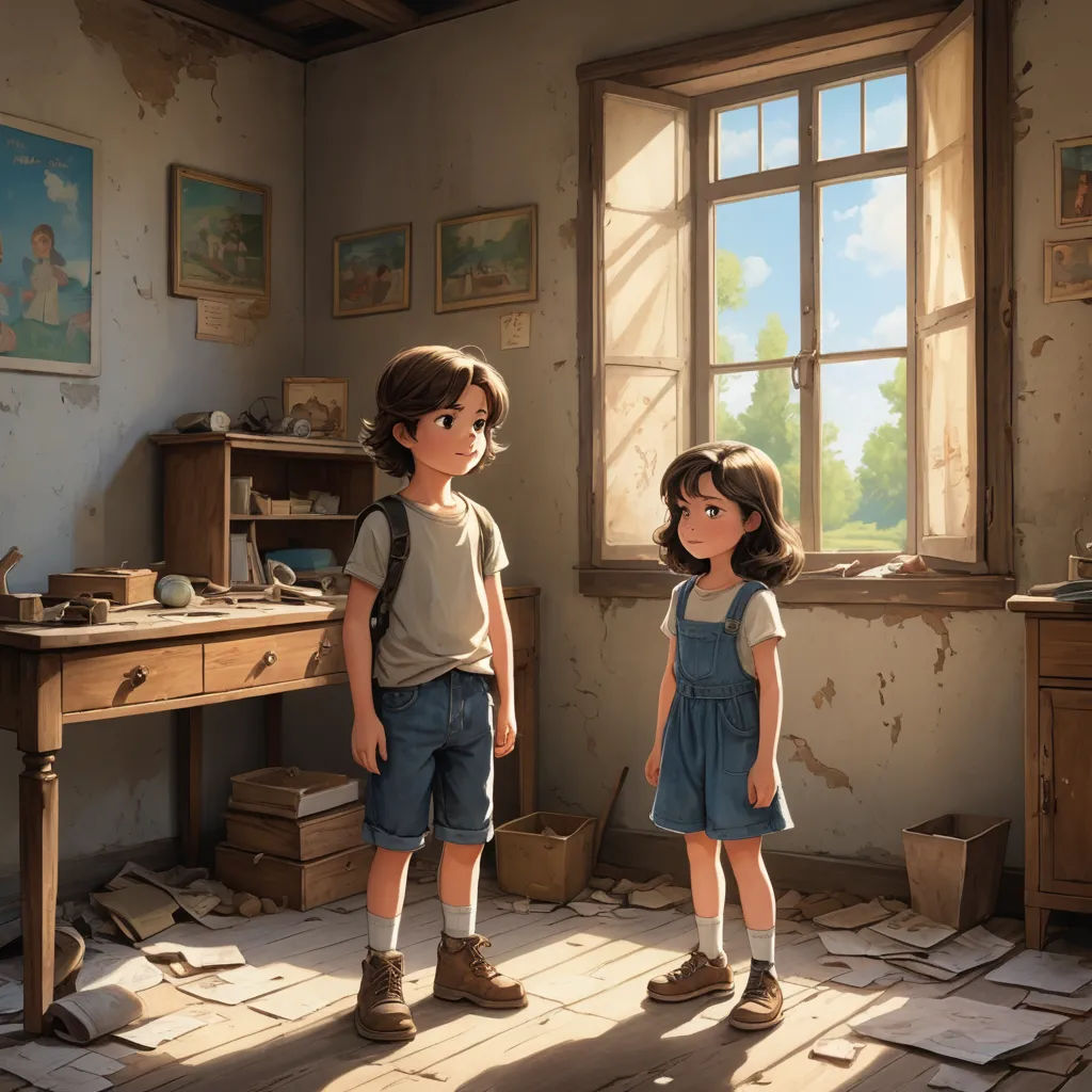 a couple of kids standing in a room next to a desk and a window with a painting on it, serial art, a painting, Alejandro Burdisio, rossdraws global illumination