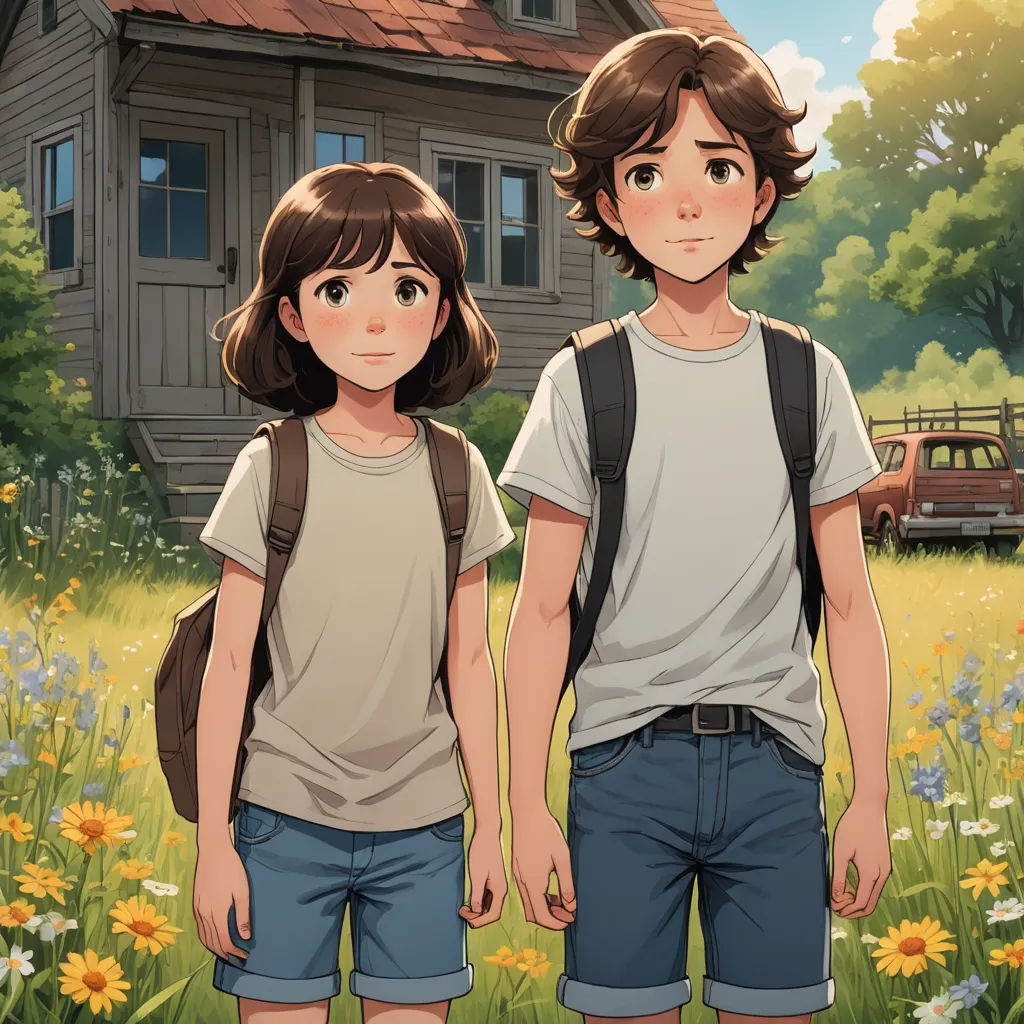 a couple of people standing in front of a house with flowers in the grass and a truck in the background, serial art, a storybook illustration, Atey Ghailan, official art