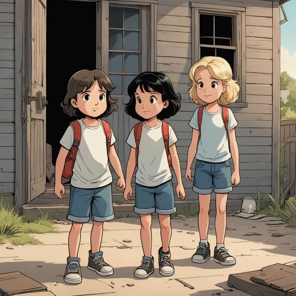 three children standing in front of a house with a door open and a backpack on their back and a backpack on their shoulder, serial art, a storybook illustration, Cliff Childs, comic cover art