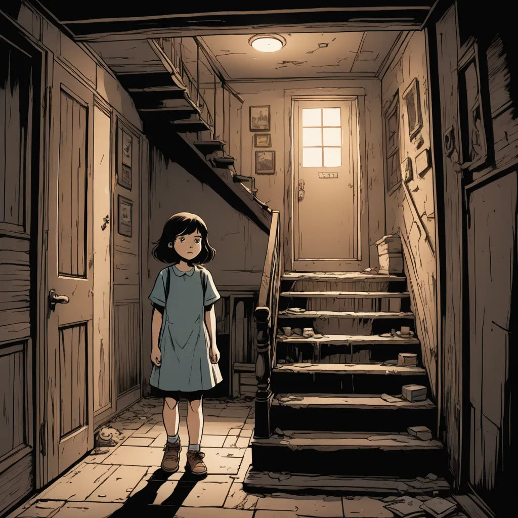 a girl standing in a hallway next to a set of stairs with a door open to another room with stairs leading up to the second floor, serial art, a comic book panel, Clarice Beckett, promotional image