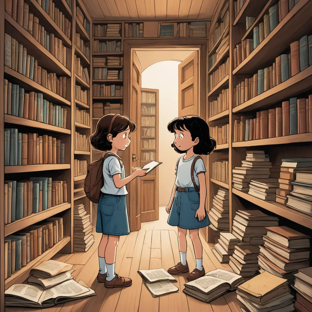 two girls standing in a library reading books and looking at each other's bookshelves with books on the shelves, fantasy art, a storybook illustration, Diego Gisbert Llorens, storybook illustration