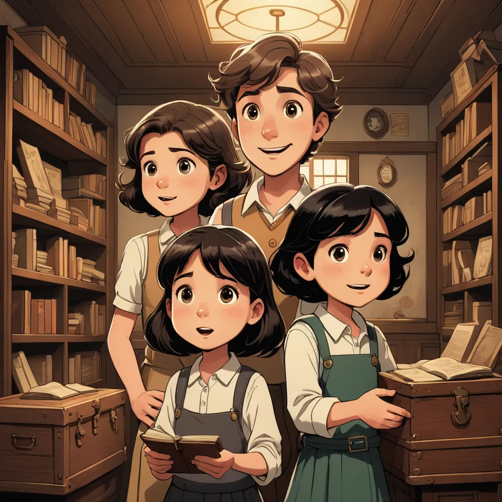 a group of children standing in a library with bookshelves behind them and a man standing behind them, paris school, a storybook illustration, Anne Said, official art