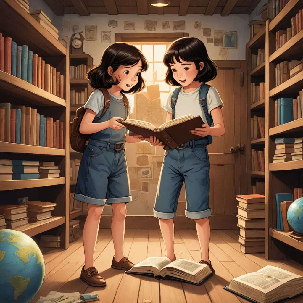 two girls reading a book in a library with bookshelves and a globe in the background, illustration painting, fantasy art, a storybook illustration, Aaron Jasinski, storybook illustration