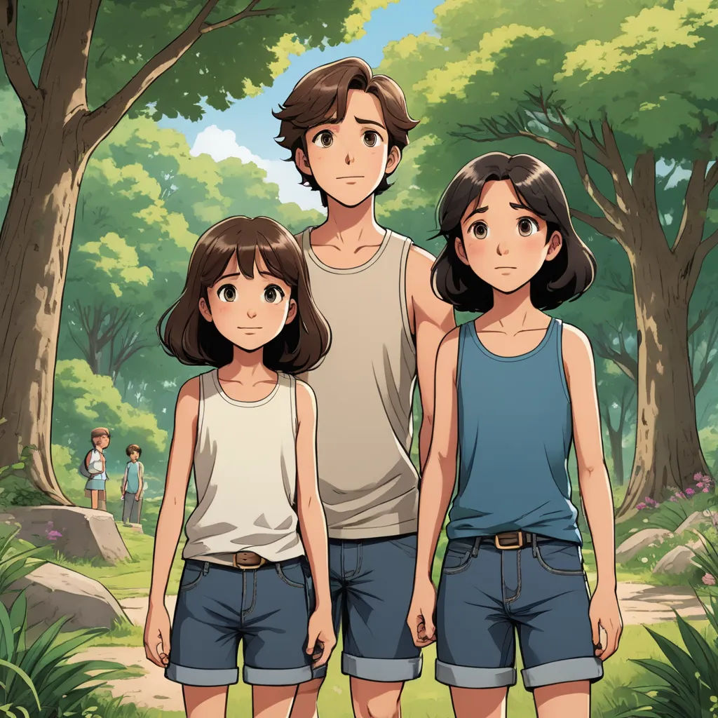 a man and two women standing in a forest with trees in the background and people in the background looking at the camera, serial art, a character portrait, Cedric Seaut (Keos Masons), ghibli