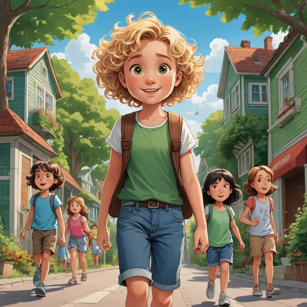 a cartoon of a girl walking down a street with her friends behind her and a boy walking behind her, american scene painting, a storybook illustration, disney, official art