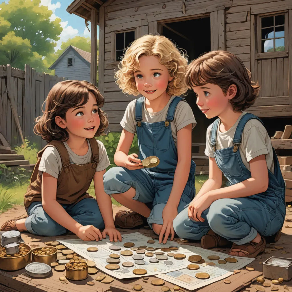 three children playing a game of coins on a wooden floor in front of a house and a shed with a shed in the background, american scene painting, a detailed painting, Bob Byerley, official art