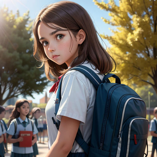 a girl with a backpack is standing in front of a group of other girls in school uniforms and holding a book