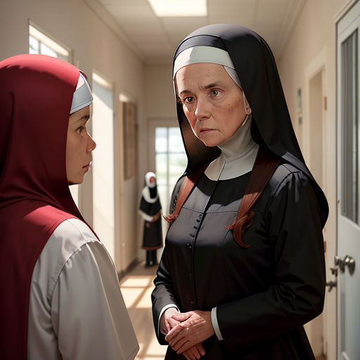 a nun and a nun in a hallway with a door open to the hallway, both looking at each other