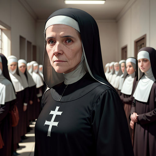 a nun in a nun outfit standing in a line of nun dresses in a room with a row of other nun's