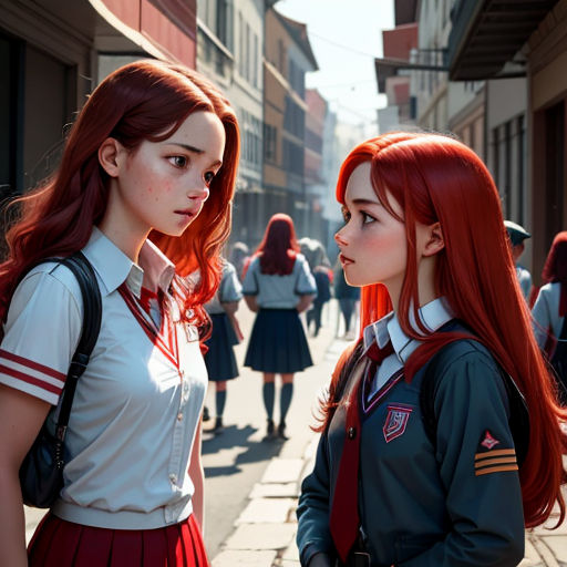 two girls in school uniforms standing on a street corner looking at each other with a crowd of people in the background