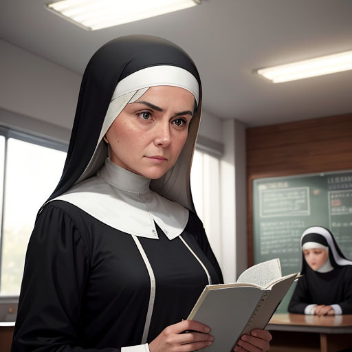 a nun holding a book in a classroom with a chalkboard in the background and a woman in a nun costume