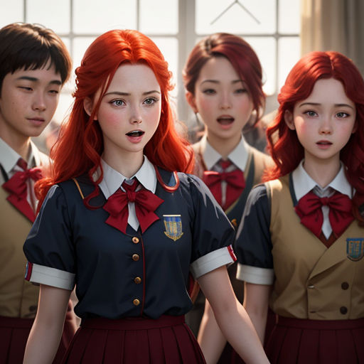 a group of young girls standing next to each other in front of a window with red hair and a surprised look on their face