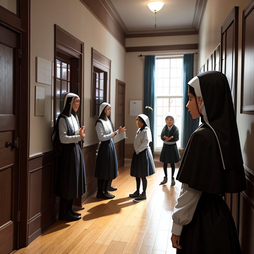 a group of children standing in a hallway next to a woman in a nun costume and a nun in a nun costume
