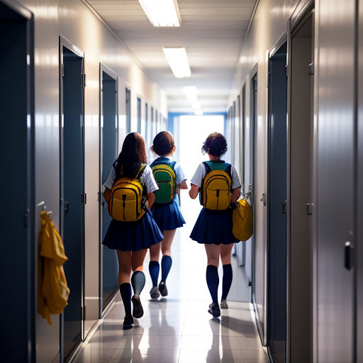 two girls in school uniforms walking down a hallway with backpacks on their backs and backpacks on their backs