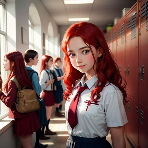 a girl in a school uniform standing in a hallway with other girls in the background looking out the window