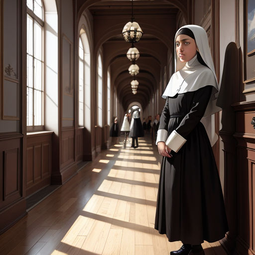 a woman in a nun costume standing in a hallway with a light fixture hanging from the ceiling and a painting on the wall