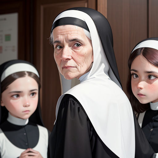 a nun and two girls standing in front of a door with a wooden door behind them and a wooden door behind them