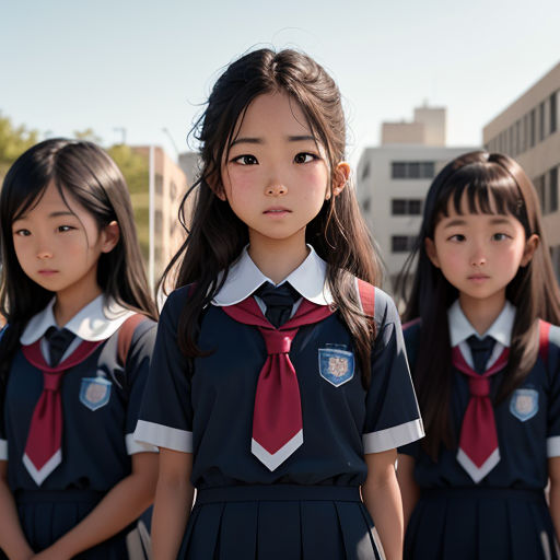 three young girls in school uniforms standing in a row in front of a building with buildings in the background