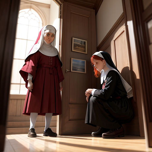 a nun and a girl are sitting on the floor in a room with a door and a window in the background