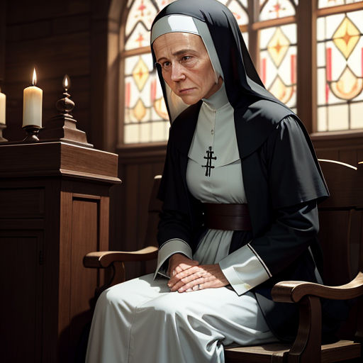 a nun sitting in a church with a candle in the background and a stained glass window behind her,
