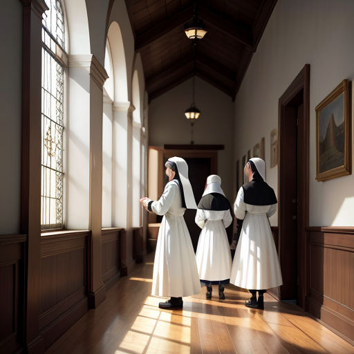 three nun girls in white robes standing in a hallway with a window in the background and a painting on the wall