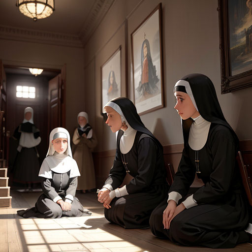 a group of women sitting on the floor in a room with paintings on the wall and a staircase leading to a doorway