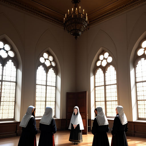 a group of women in nun dresses standing in a room with large windows and a chandelier hanging from the ceiling
