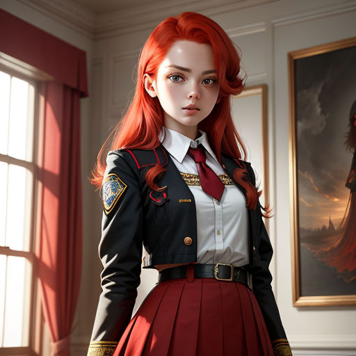 a woman in a uniform standing in a room with a painting behind her and a window behind her with red hair