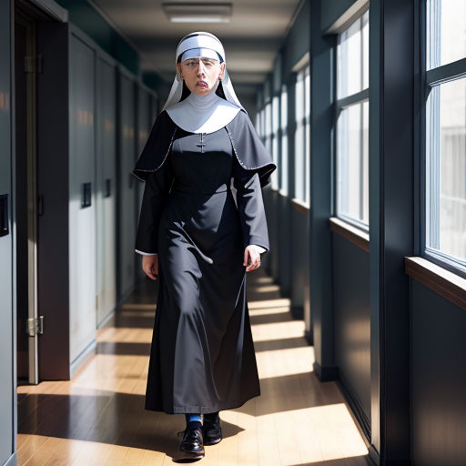 a nun walking down a hallway in a black dress and a white head scarf on her head and a black dress on her shoulder