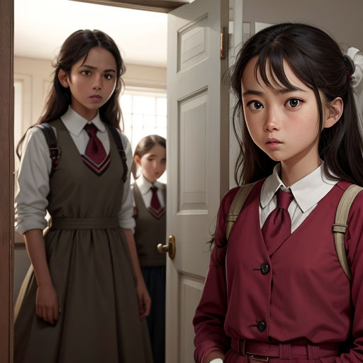 a young girl standing in front of a door with another girl standing behind her in a hallway behind her
