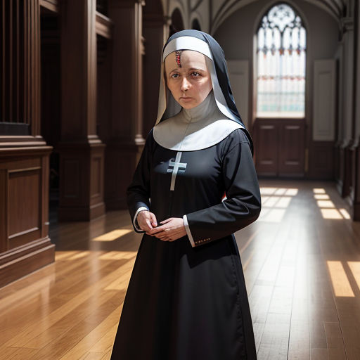 a nun in a black dress standing in a church with a cross on her chest and a black robe on
