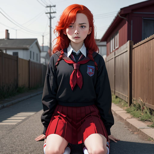 a girl with red hair sitting on the street with her legs crossed and her legs crossed, wearing a school uniform