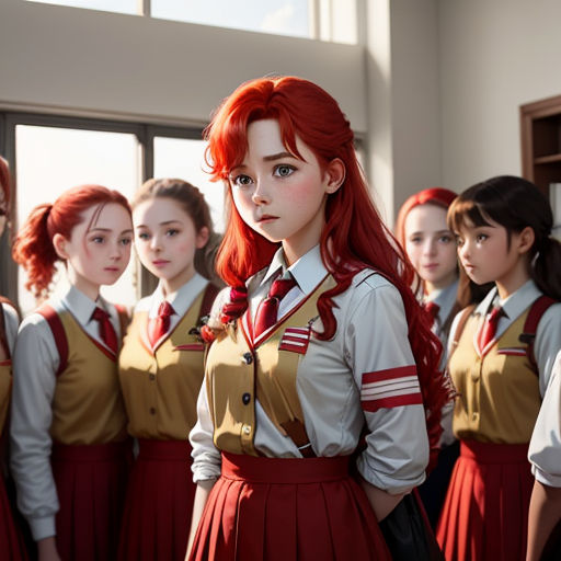 a group of girls in uniform standing in a room with windows and a door in the background, all looking at the camera