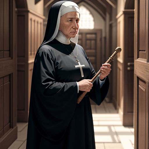 a nun holding a stick in a hallway with a cross on it's back and a cross on her arm