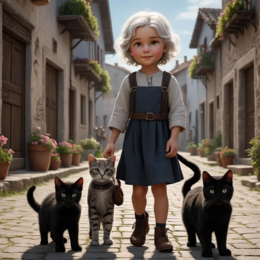 a little girl standing next to two cats on a cobblestone street with potted plants in the background, furry art, a detailed matte painting, Celia Fiennes, promotional image