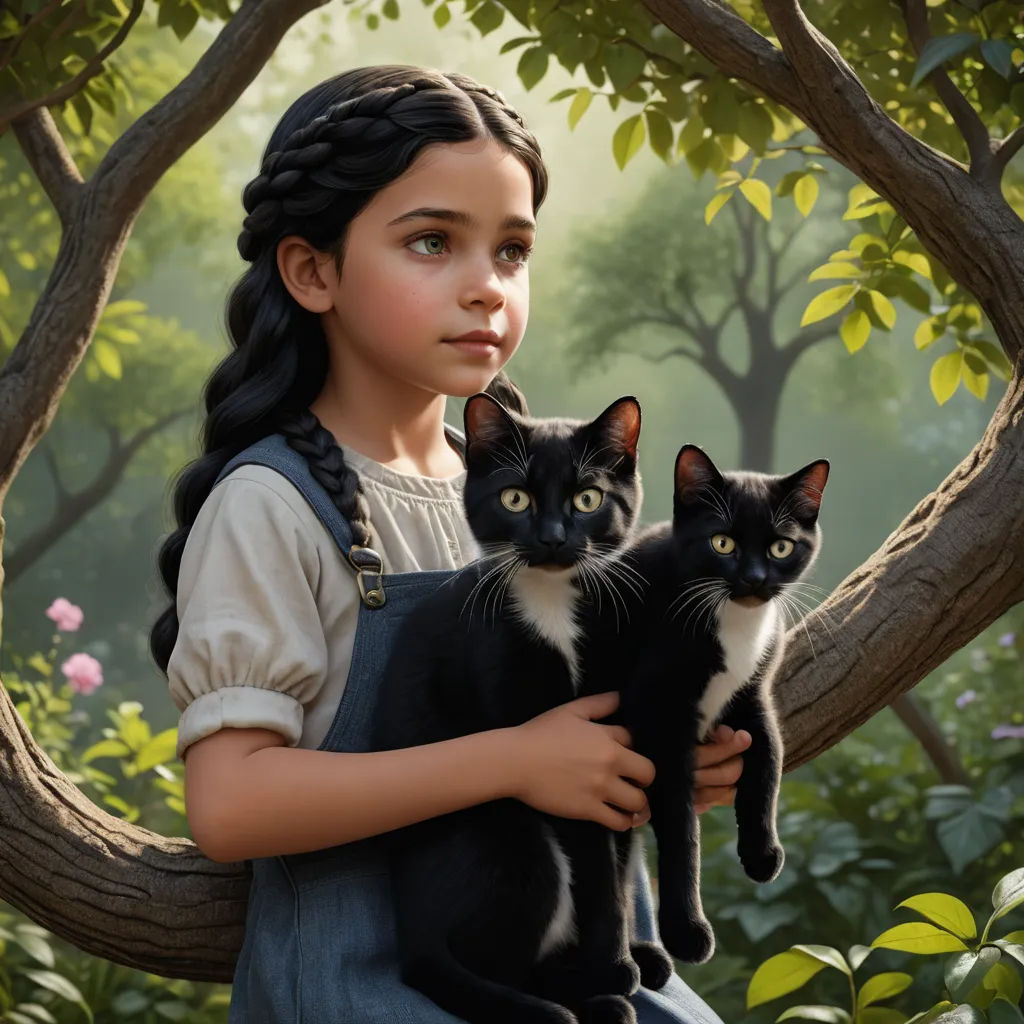 a painting of a girl holding two cats in a tree with a forest background and a tree branch with leaves, photorealism, poster art, Anne Said, official art
