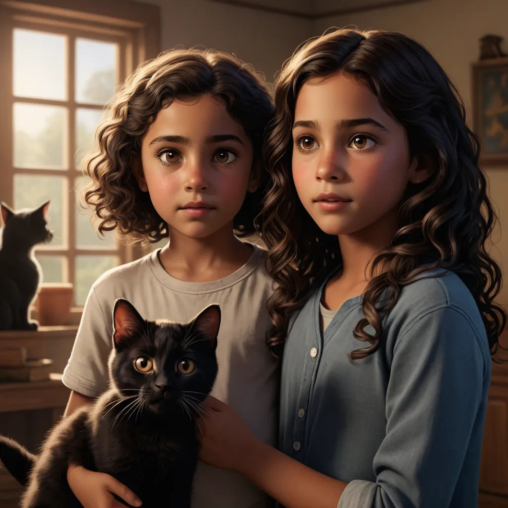 two girls holding a cat in a room with a cat on the floor and a cat on the table, photorealism, a hyperrealistic painting, Anne Said, key art