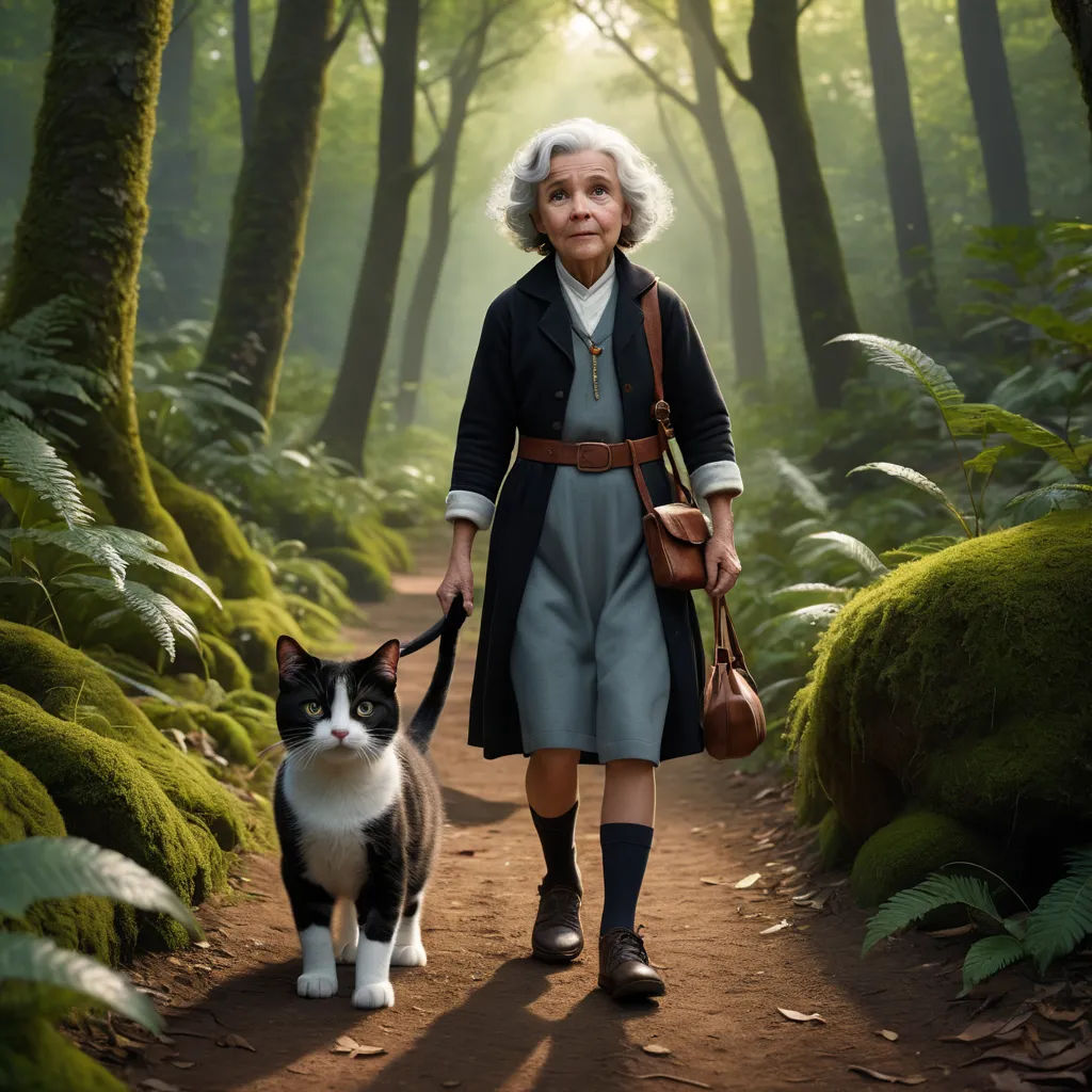a woman walking a cat down a forest path with a handbag on her shoulder and a purse on her hip, magical realism, a detailed matte painting, Ada Gladys Killins, promotional image
