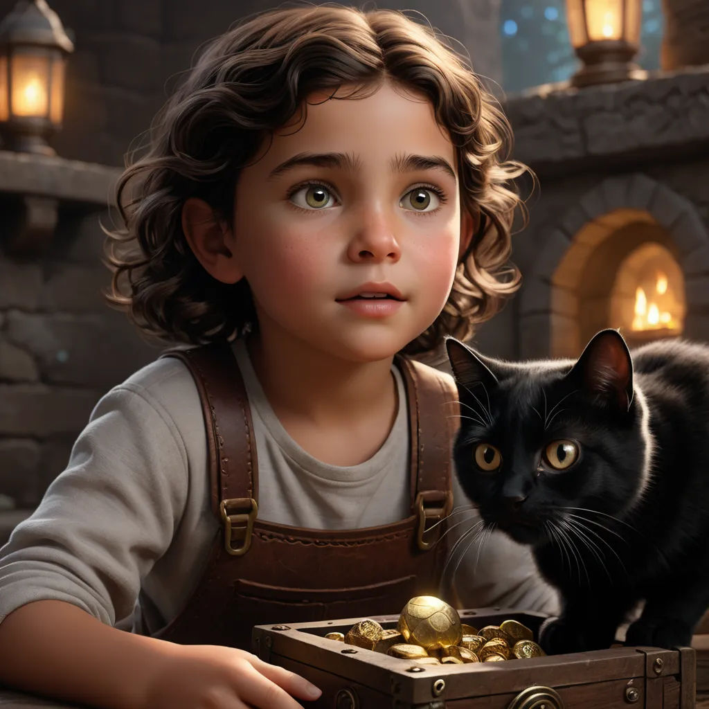 a little girl with a black cat and a chest of gold coins in front of her, in a scene from the animated movie the little prince and the frog, photorealism, a storybook illustration, Clint Cearley, cgstudio