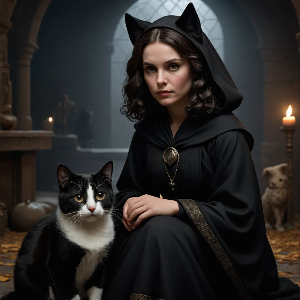 a woman in a black dress sitting next to a cat and a candle lit room with candles in the background, gothic art, a character portrait, Dirk Crabeth, promotional image