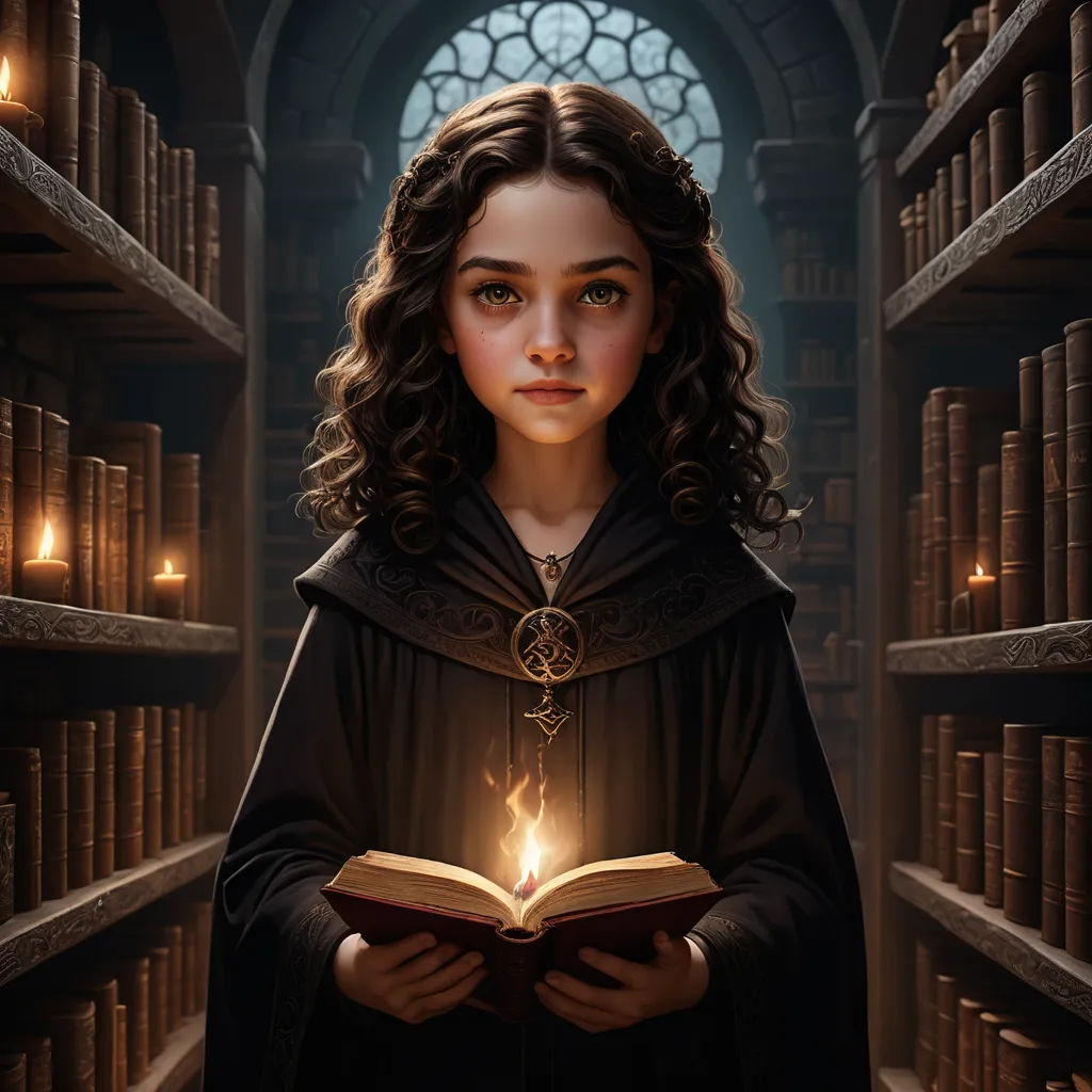a woman in a library holding a book with a light shining from her hand in front of her face, fantasy art, a character portrait, Clint Cearley, epic fantasy character art