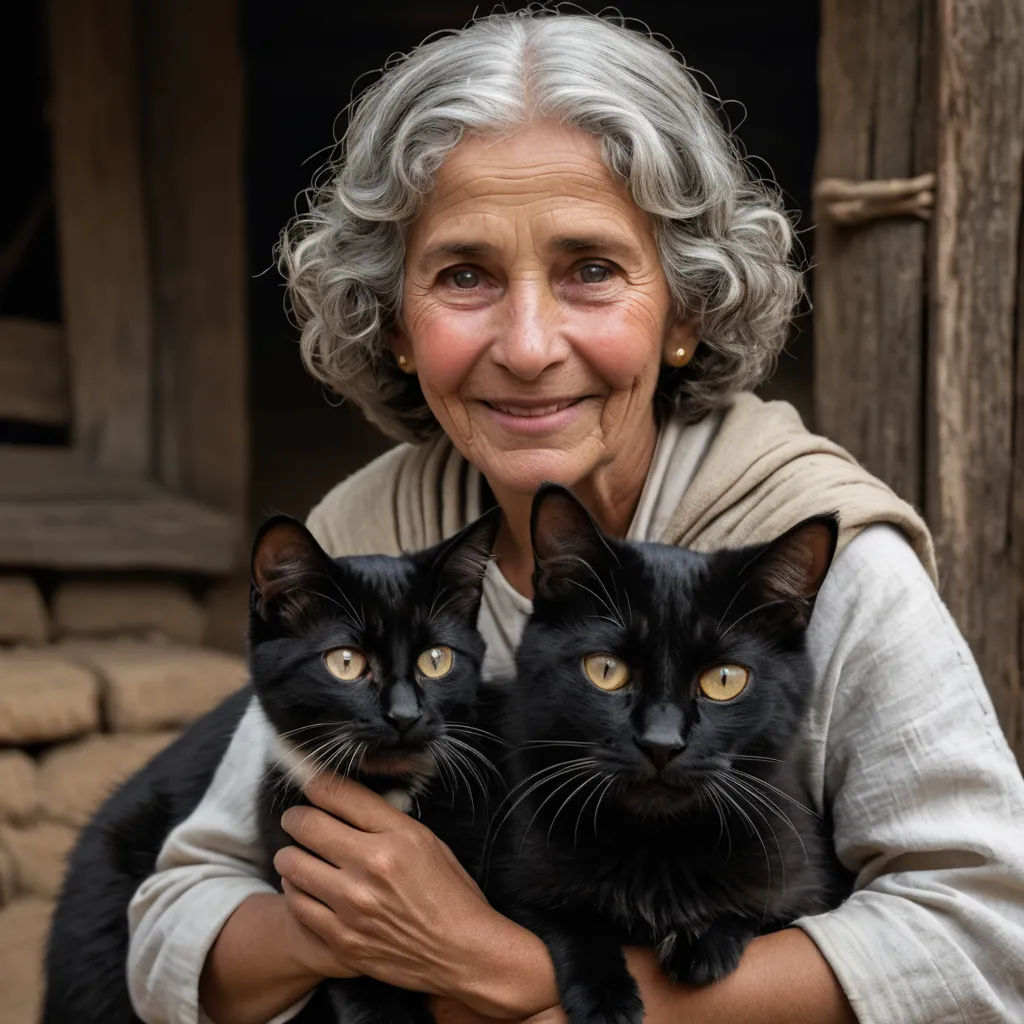 a woman holding two black cats in her arms and smiling at the camera with a wooden background and a building in the background, samikshavad, a character portrait, Barbara Nasmyth, animal photography