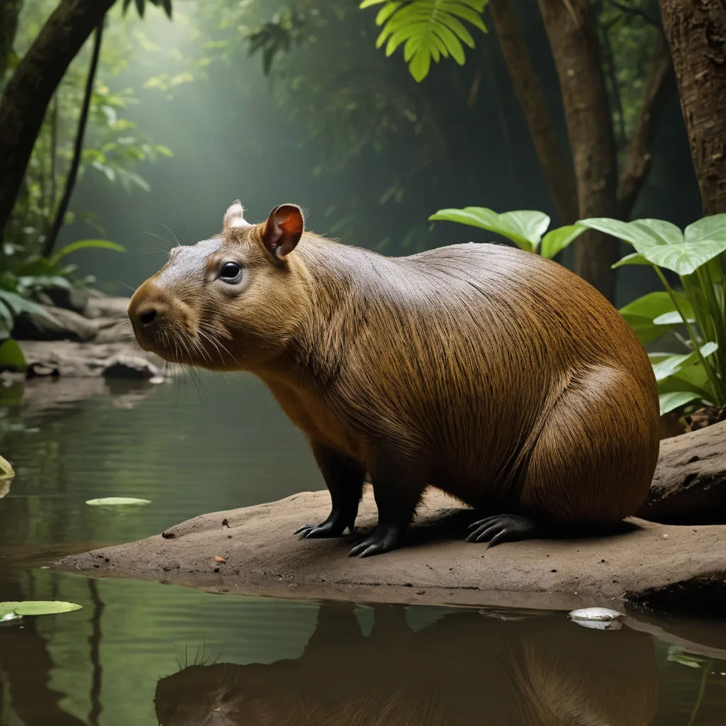 a capybara sitting on a rock in a forest next to a river and trees with green leaves, rayonism, a digital rendering, Boetius Adamsz Bolswert, animal photography