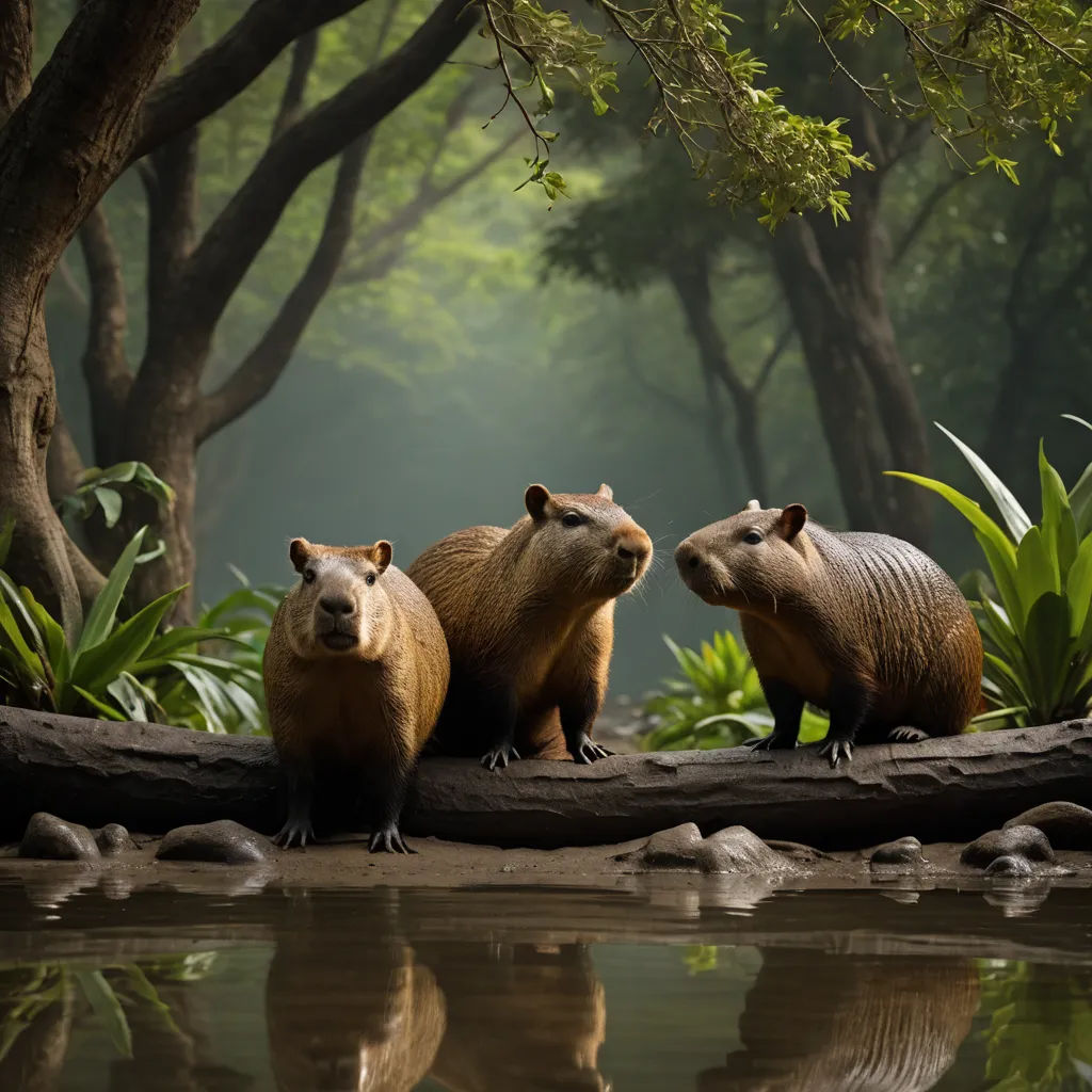 three capybaras are standing on a log in the water near a forest with trees and rocks, photorealism, a 3D render, Chris LaBrooy, animal photography